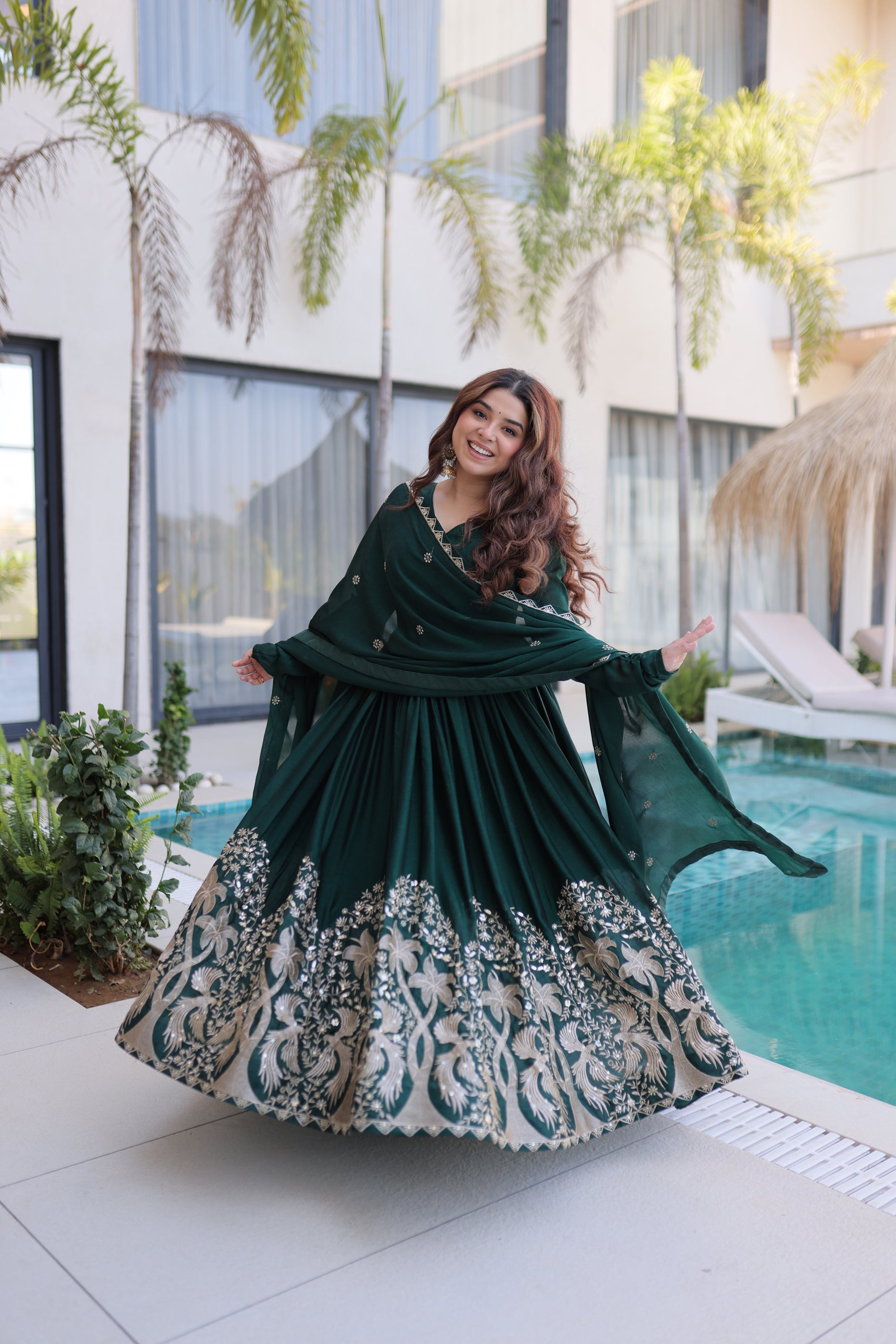 Lorenvalley Fashion Green Rangoli Crush With Sequins Multi Embroidered work Gown with Dupatta | Grocsy