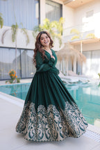 Lorenvalley Fashion Green Rangoli Crush With Sequins Multi Embroidered work Gown with Dupatta | Grocsy