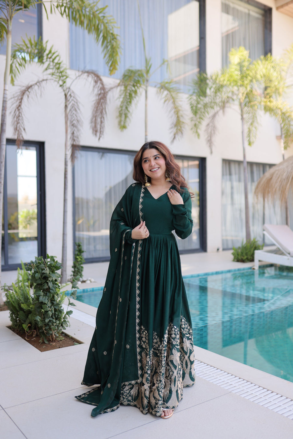 Lorenvalley Fashion Green Rangoli Crush With Sequins Multi Embroidered work Gown with Dupatta | Grocsy