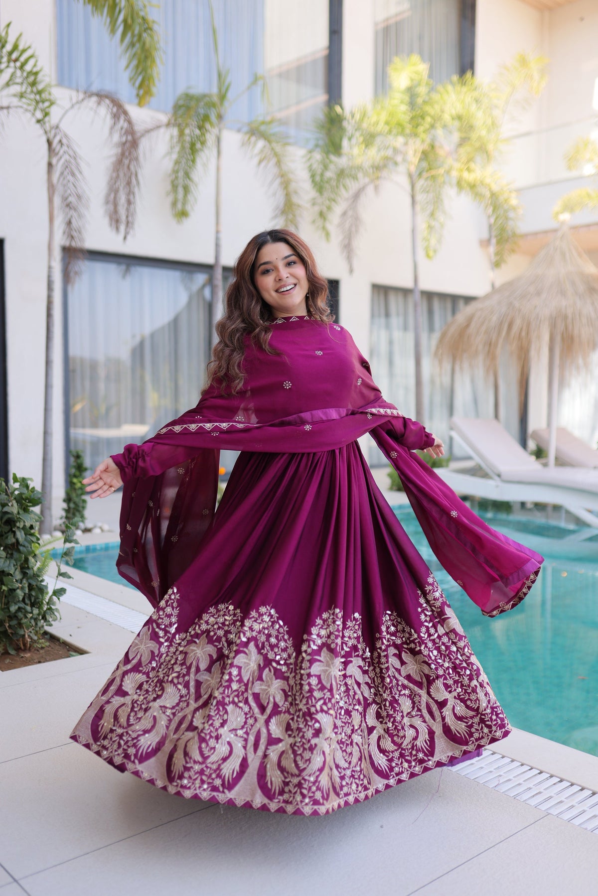Lorenvalley Fashion Wine Rangoli Crush With Sequins Multi Embroidered work Gown with Dupatta | Grocsy