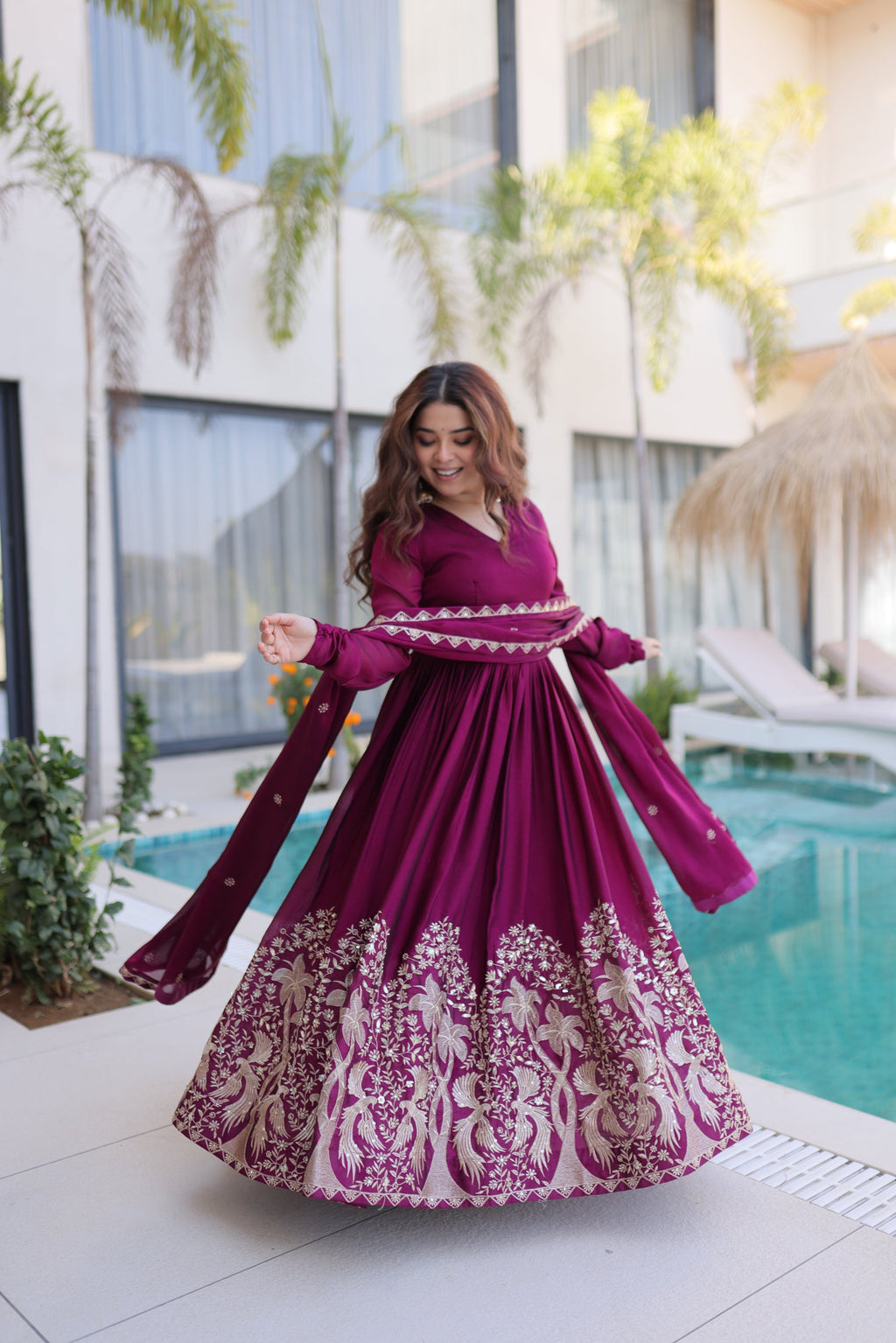Lorenvalley Fashion Wine Rangoli Crush With Sequins Multi Embroidered work Gown with Dupatta | Grocsy