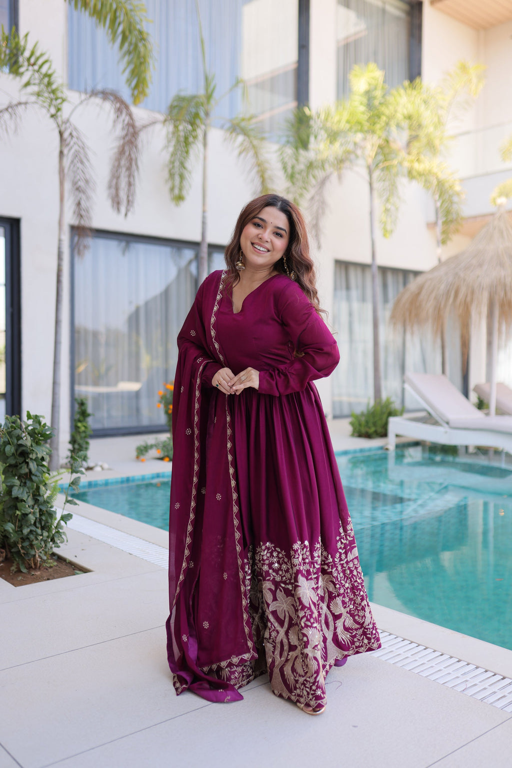 Lorenvalley Fashion Wine Rangoli Crush With Sequins Multi Embroidered work Gown with Dupatta | Grocsy