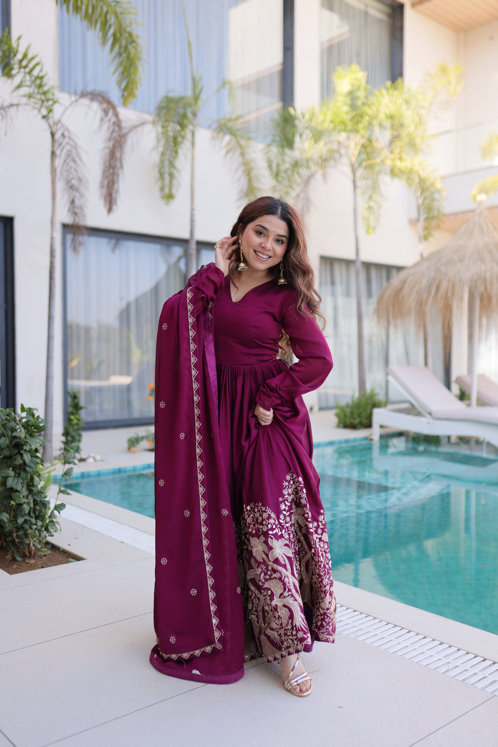 Lorenvalley Fashion Wine Rangoli Crush With Sequins Multi Embroidered work Gown with Dupatta | Grocsy