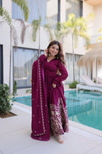 Lorenvalley Fashion Wine Rangoli Crush With Sequins Multi Embroidered work Gown with Dupatta | Grocsy
