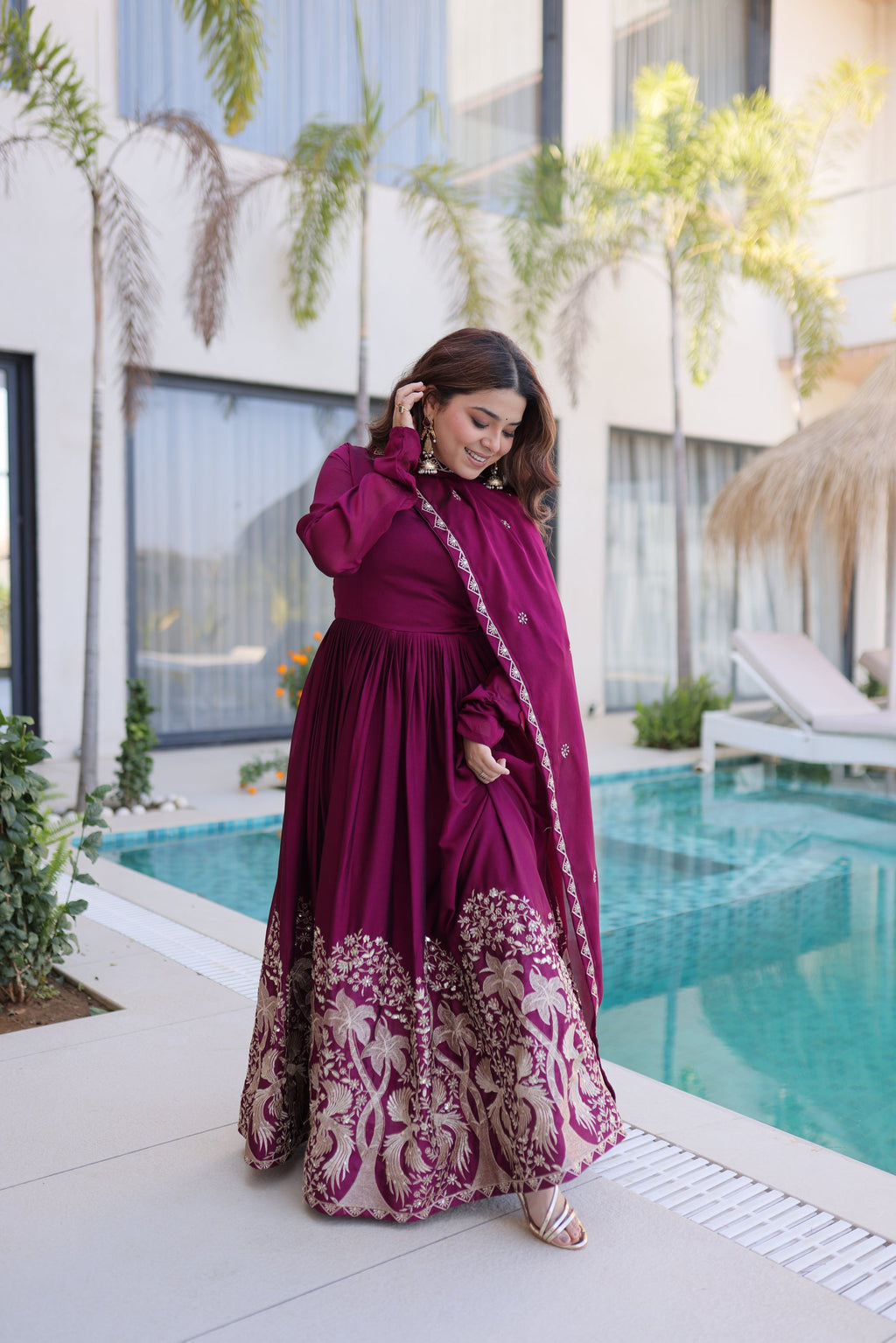 Lorenvalley Fashion Wine Rangoli Crush With Sequins Multi Embroidered work Gown with Dupatta | Grocsy