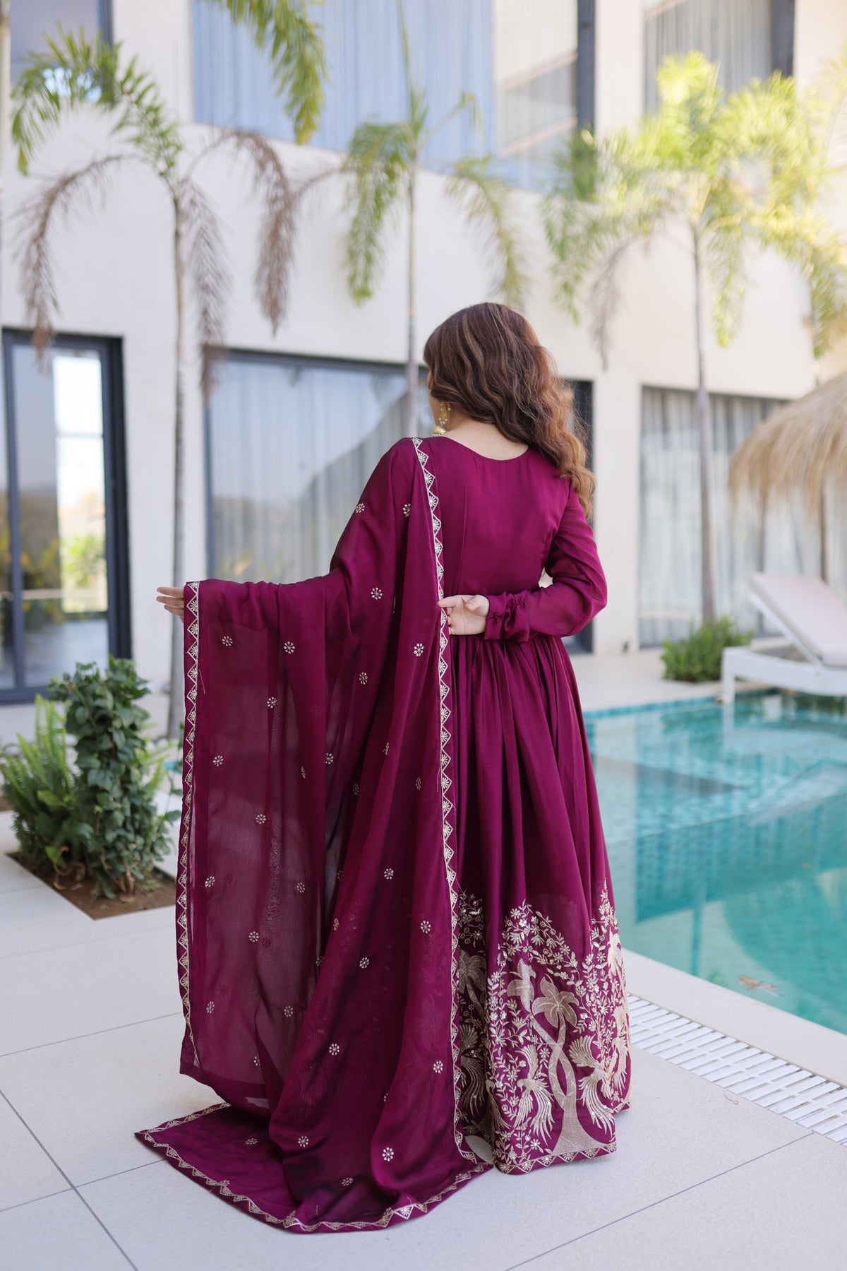 Lorenvalley Fashion Wine Rangoli Crush With Sequins Multi Embroidered work Gown with Dupatta | Grocsy