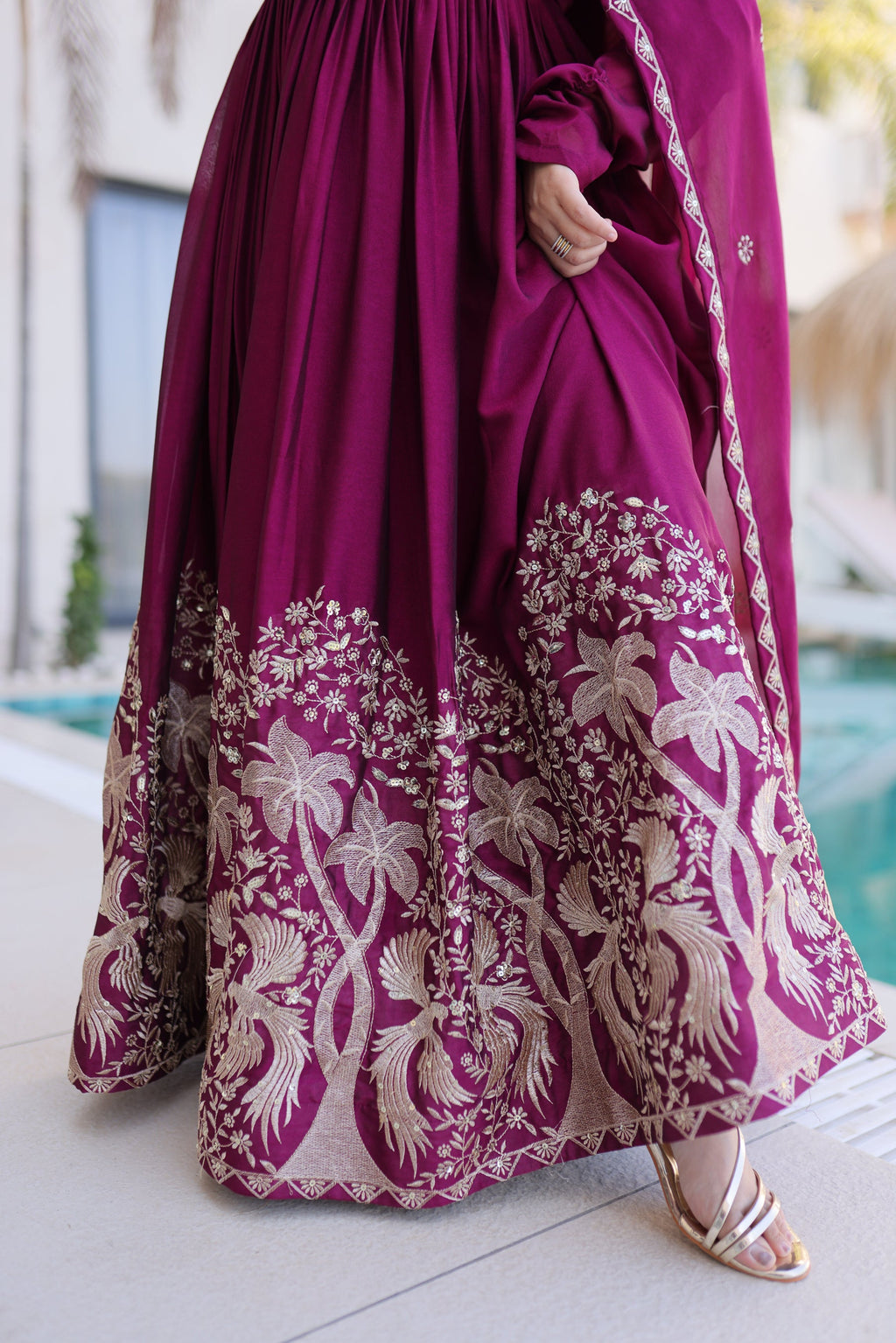 Lorenvalley Fashion Wine Rangoli Crush With Sequins Multi Embroidered work Gown with Dupatta | Grocsy