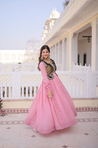 Lorenvalley Fashion Pink Mal Chanderi Flair Gown with Koti | Grocsy
