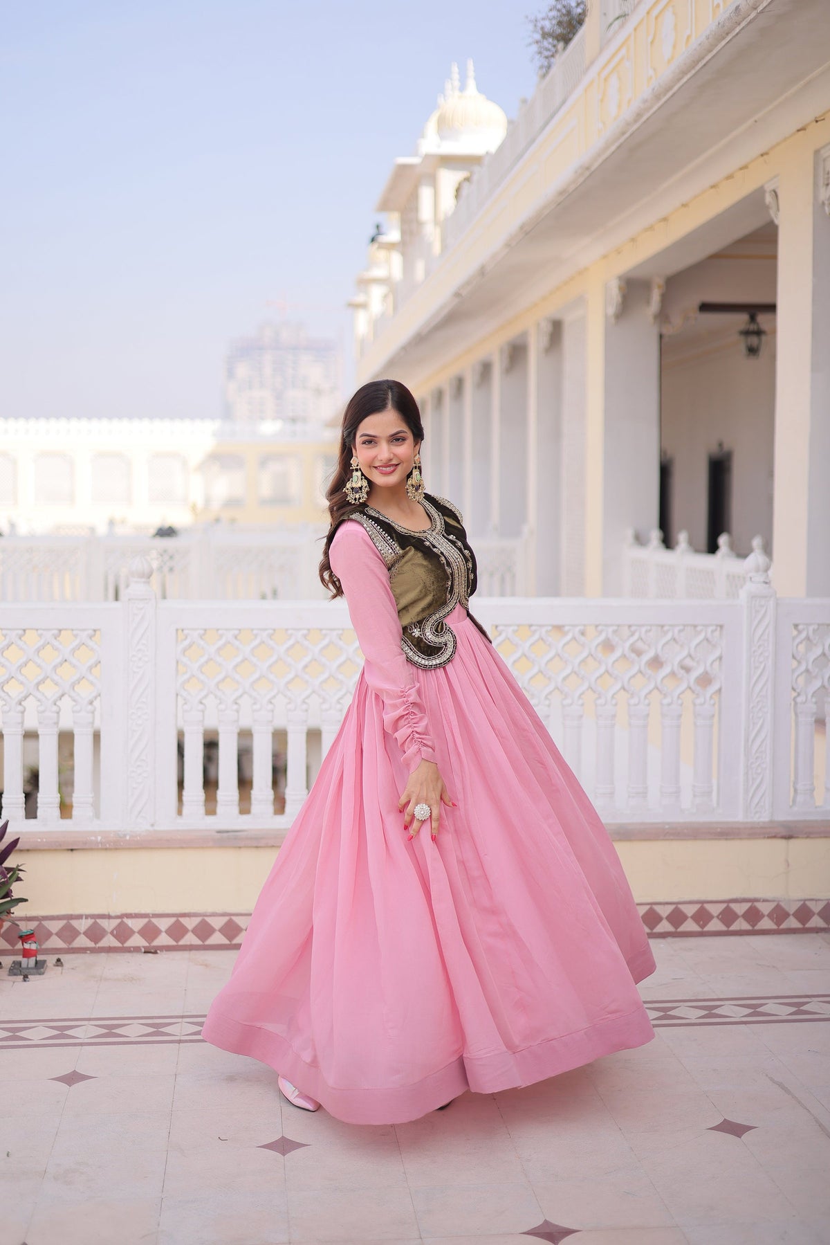 Lorenvalley Fashion Pink Mal Chanderi Flair Gown with Koti | Grocsy