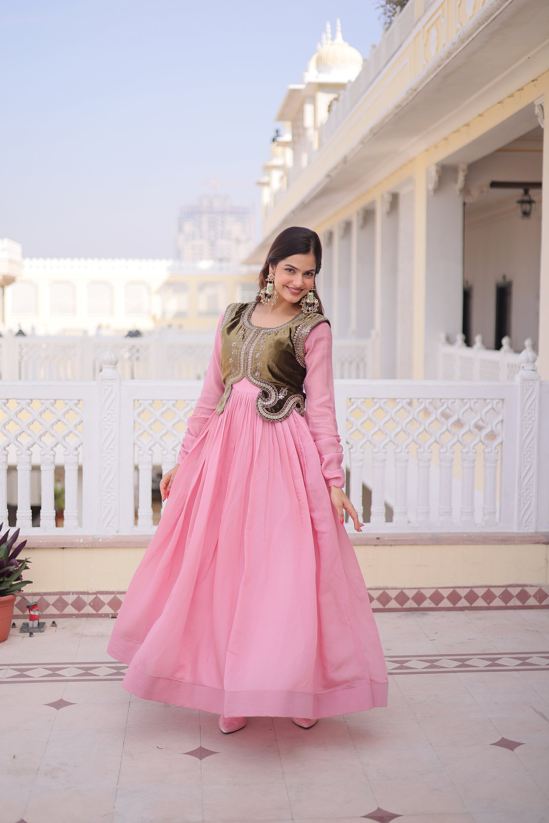 Lorenvalley Fashion Pink Mal Chanderi Flair Gown with Koti | Grocsy