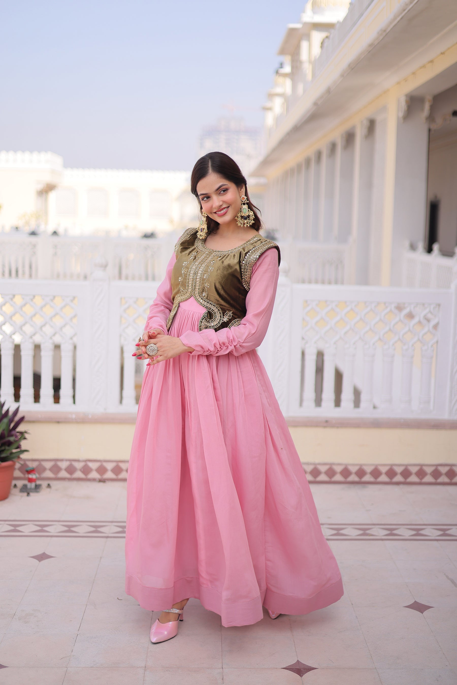Lorenvalley Fashion Pink Mal Chanderi Flair Gown with Koti | Grocsy