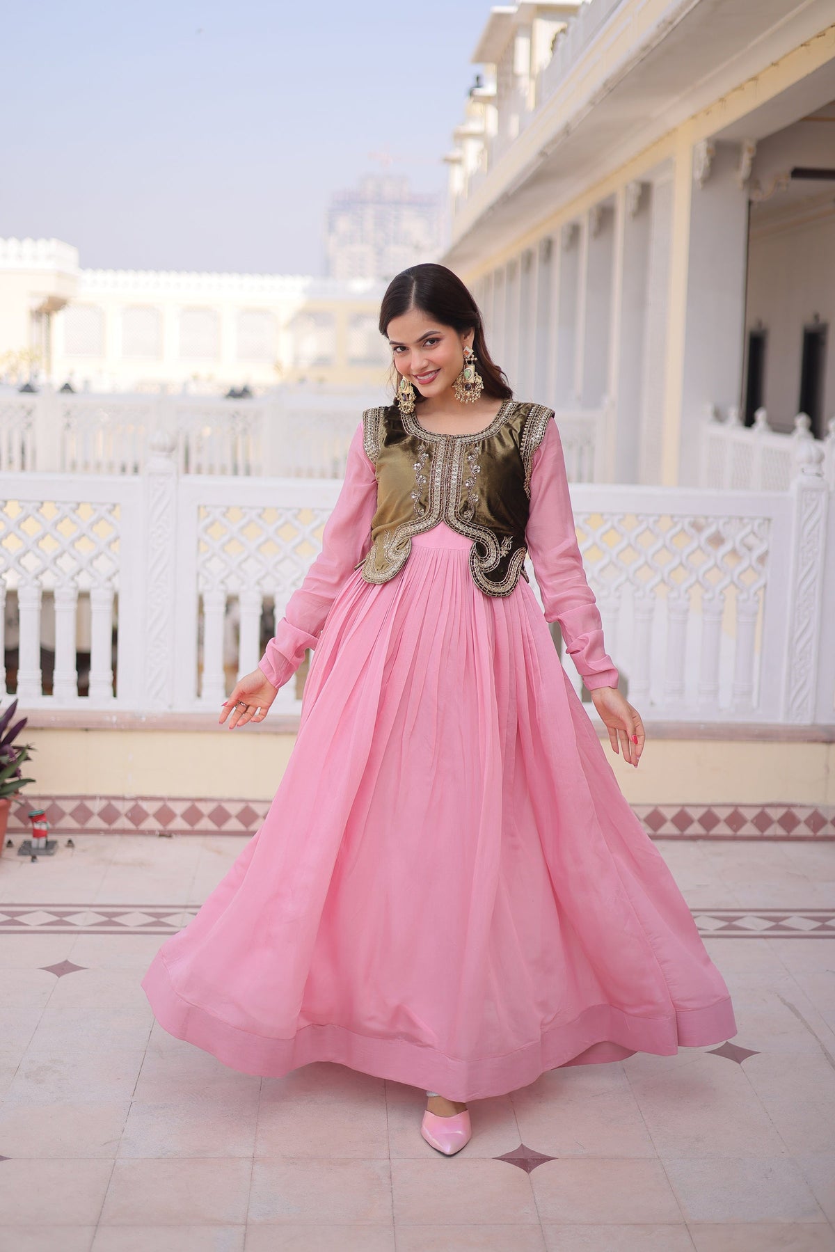 Lorenvalley Fashion Pink Mal Chanderi Flair Gown with Koti | Grocsy