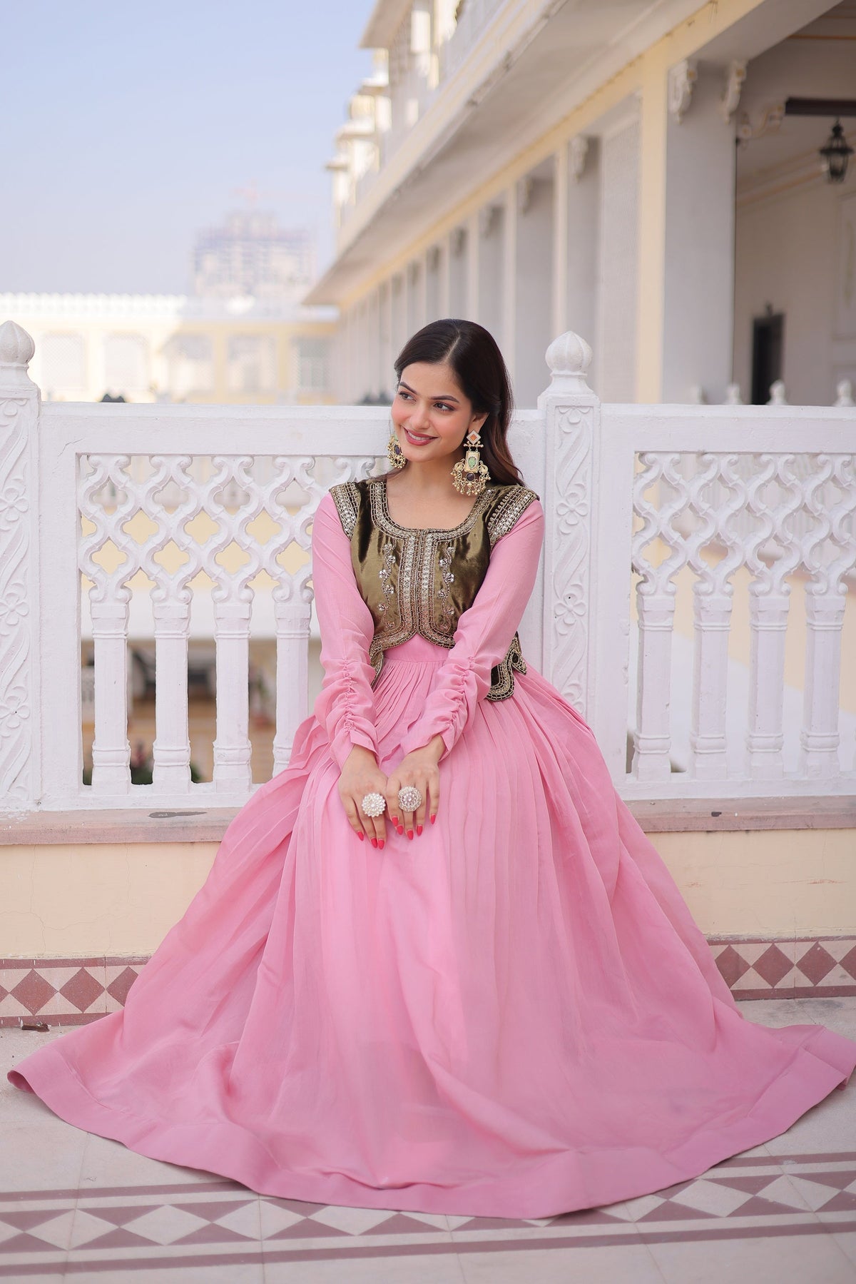 Lorenvalley Fashion Pink Mal Chanderi Flair Gown with Koti | Grocsy