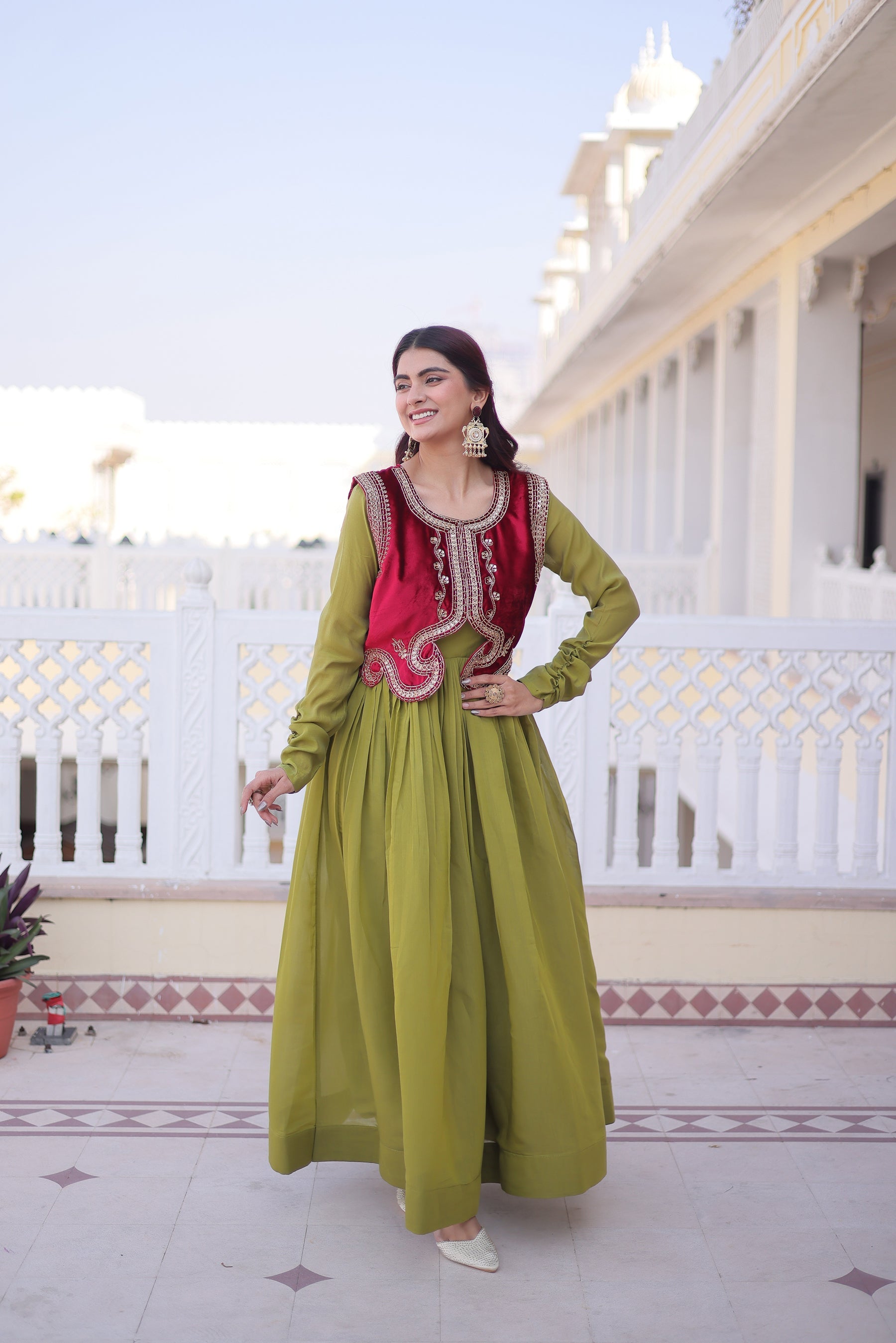 Lorenvalley Fashion Pista Mal Chanderi Flair Gown with Koti | Grocsy
