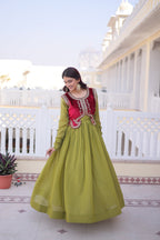 Lorenvalley Fashion Pista Mal Chanderi Flair Gown with Koti | Grocsy