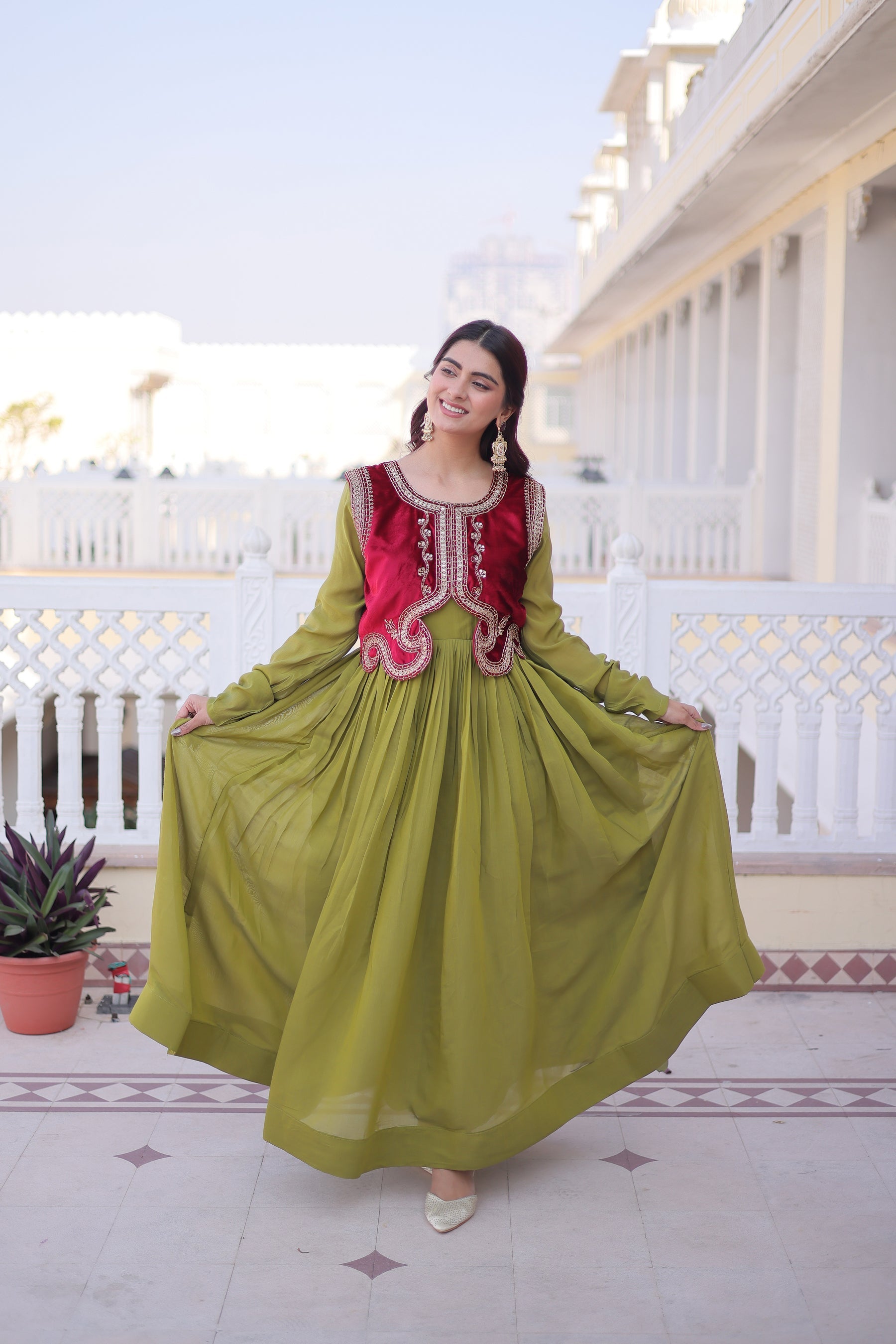 Lorenvalley Fashion Pista Mal Chanderi Flair Gown with Koti | Grocsy