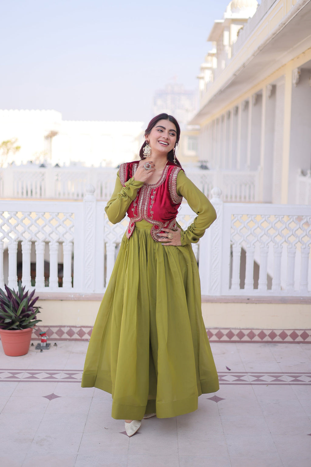 Lorenvalley Fashion Pista Mal Chanderi Flair Gown with Koti | Grocsy