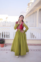 Lorenvalley Fashion Pista Mal Chanderi Flair Gown with Koti | Grocsy