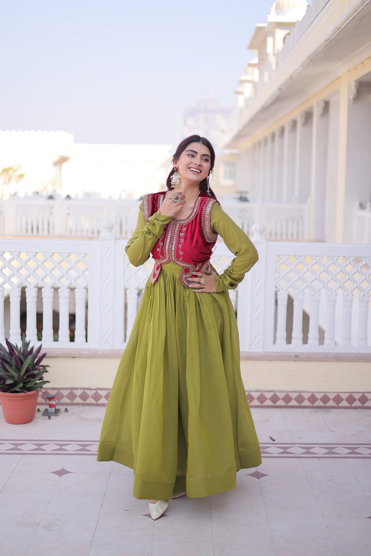 Lorenvalley Fashion Pista Mal Chanderi Flair Gown with Koti | Grocsy