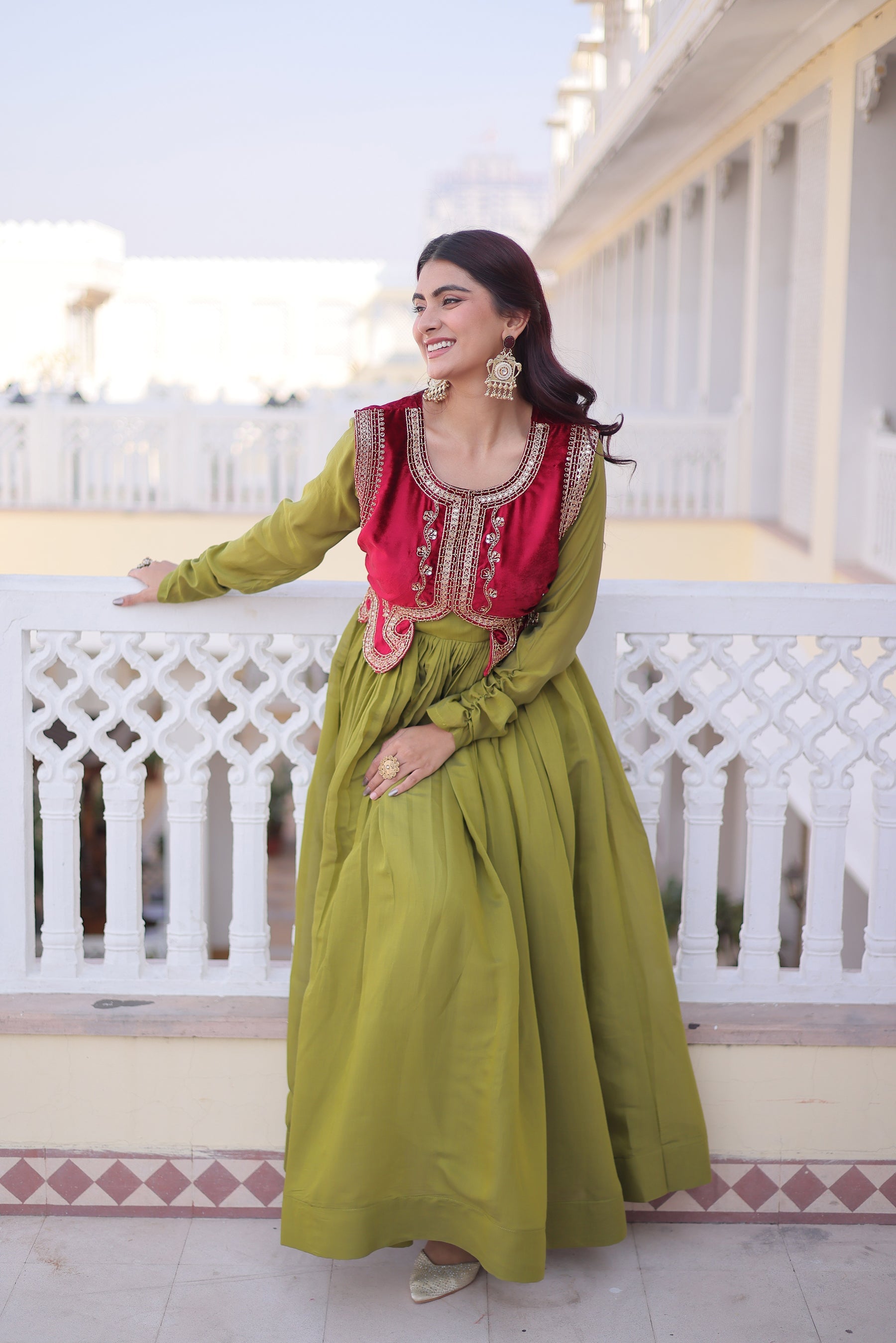 Lorenvalley Fashion Pista Mal Chanderi Flair Gown with Koti | Grocsy