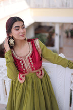 Lorenvalley Fashion Pista Mal Chanderi Flair Gown with Koti | Grocsy