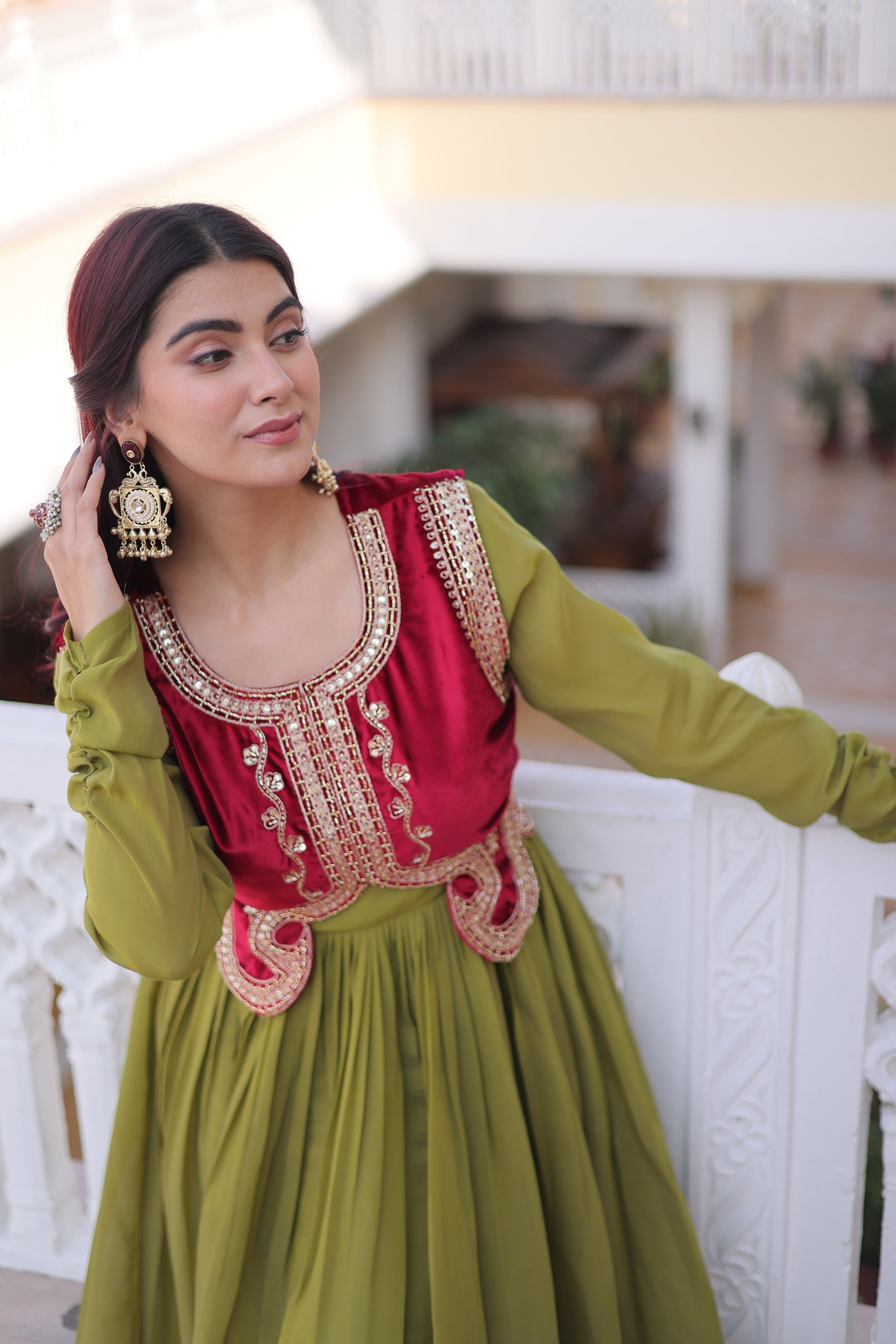 Lorenvalley Fashion Pista Mal Chanderi Flair Gown with Koti | Grocsy