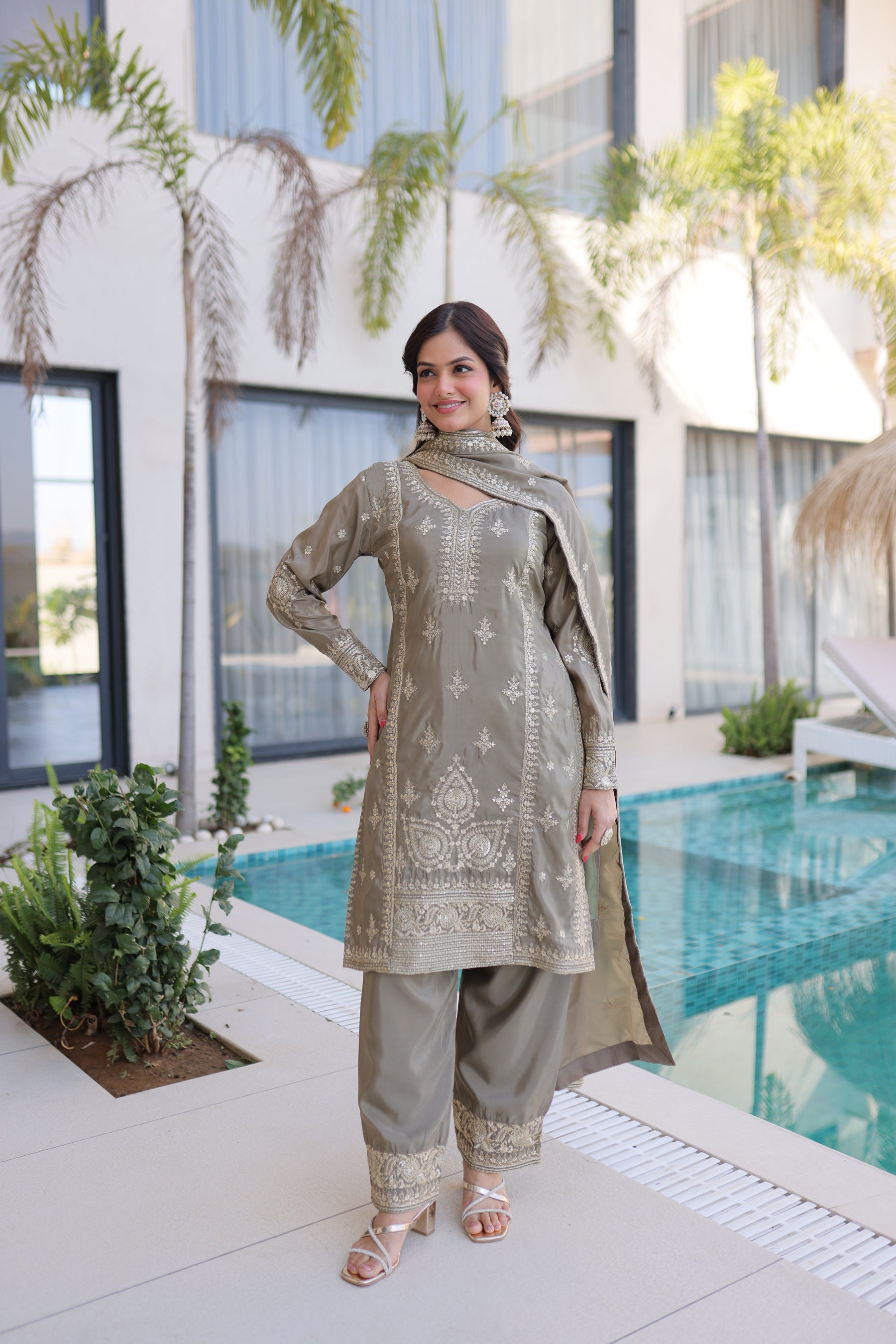 Lorenvalley Fashion Chiku Ho Silk With Zari Multi & Thread Embroidered Work Kurta Pant With Dupatta | Grocsy