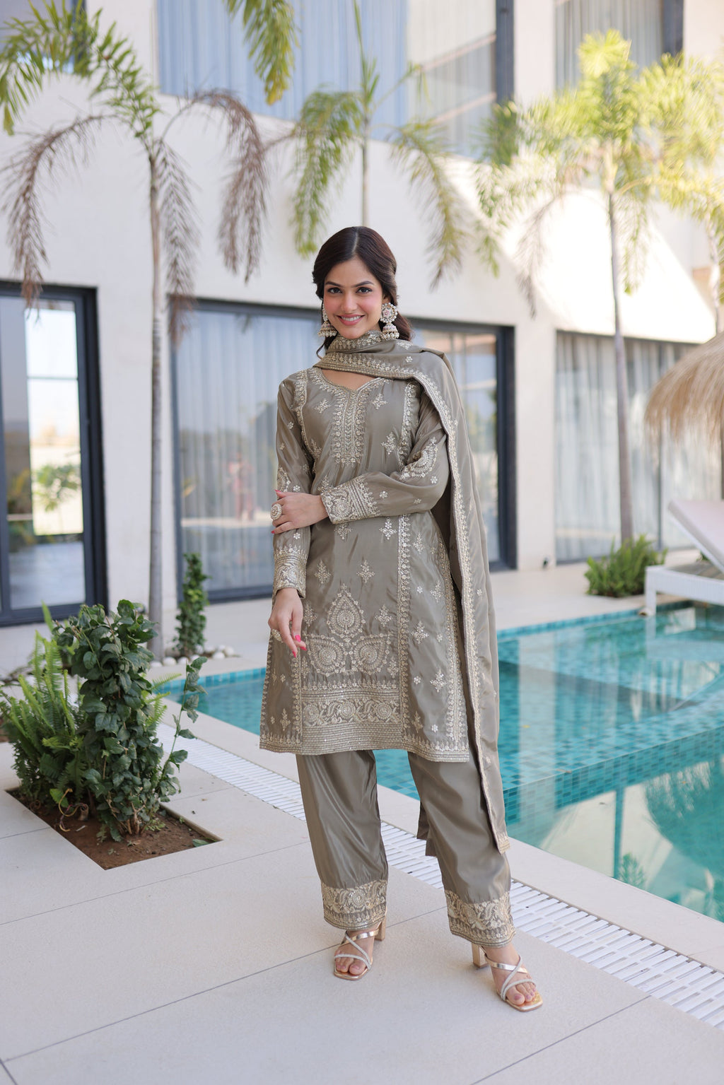 Lorenvalley Fashion Chiku Ho Silk With Zari Multi & Thread Embroidered Work Kurta Pant With Dupatta | Grocsy