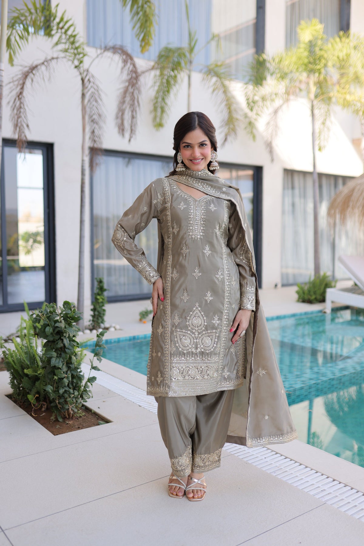 Lorenvalley Fashion Chiku Ho Silk With Zari Multi & Thread Embroidered Work Kurta Pant With Dupatta | Grocsy
