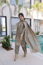 Lorenvalley Fashion Chiku Ho Silk With Zari Multi & Thread Embroidered Work Kurta Pant With Dupatta | Grocsy