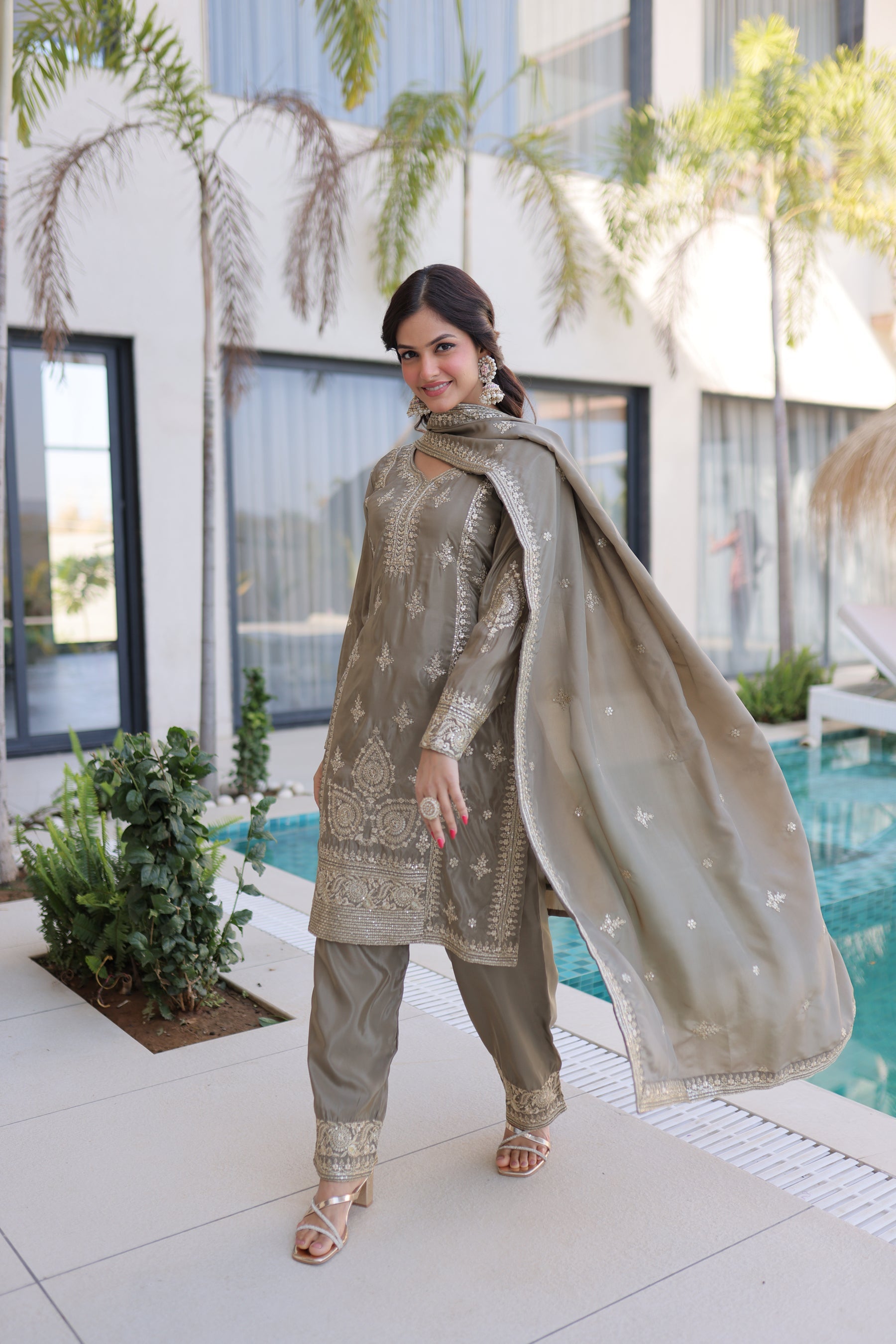 Lorenvalley Fashion Chiku Ho Silk With Zari Multi & Thread Embroidered Work Kurta Pant With Dupatta | Grocsy