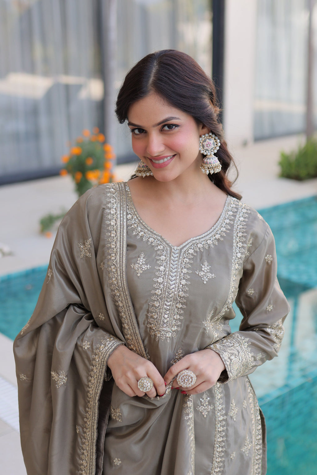 Lorenvalley Fashion Chiku Ho Silk With Zari Multi & Thread Embroidered Work Kurta Pant With Dupatta | Grocsy