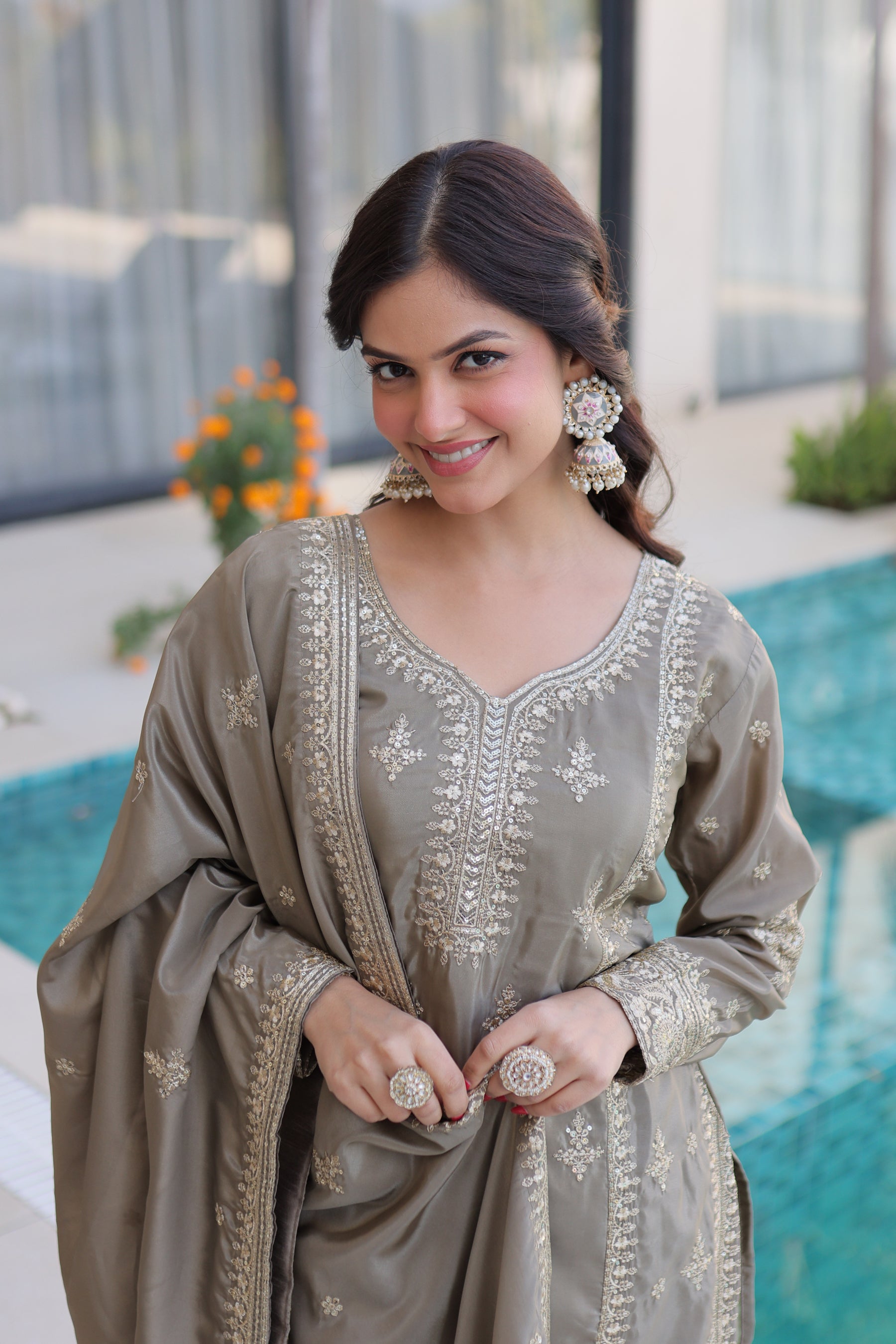 Lorenvalley Fashion Chiku Ho Silk With Zari Multi & Thread Embroidered Work Kurta Pant With Dupatta | Grocsy
