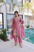 Lorenvalley Fashion Pink Ho Silk With Zari Multi & Thread Embroidered Work Kurta Pant With Dupatta | Grocsy