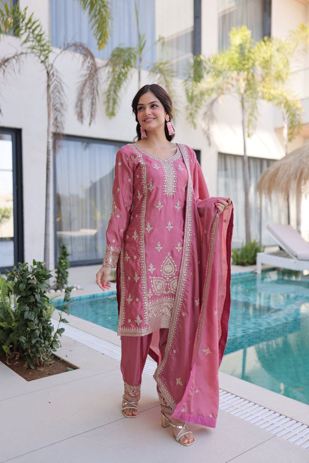 Lorenvalley Fashion Pink Ho Silk With Zari Multi & Thread Embroidered Work Kurta Pant With Dupatta | Grocsy