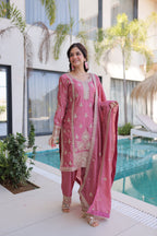 Lorenvalley Fashion Pink Ho Silk With Zari Multi & Thread Embroidered Work Kurta Pant With Dupatta | Grocsy