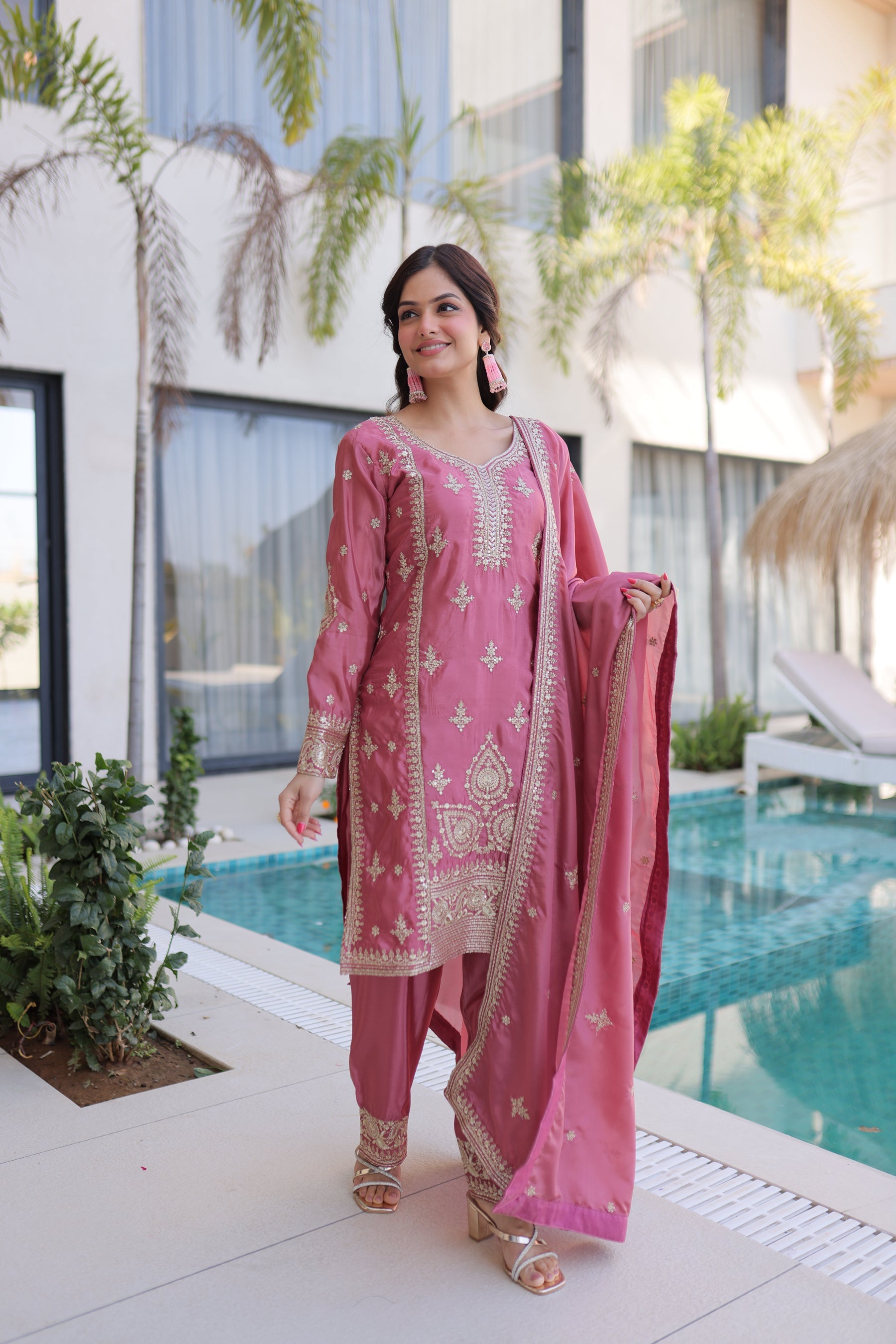 Lorenvalley Fashion Pink Ho Silk With Zari Multi & Thread Embroidered Work Kurta Pant With Dupatta | Grocsy