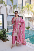 Lorenvalley Fashion Pink Ho Silk With Zari Multi & Thread Embroidered Work Kurta Pant With Dupatta | Grocsy