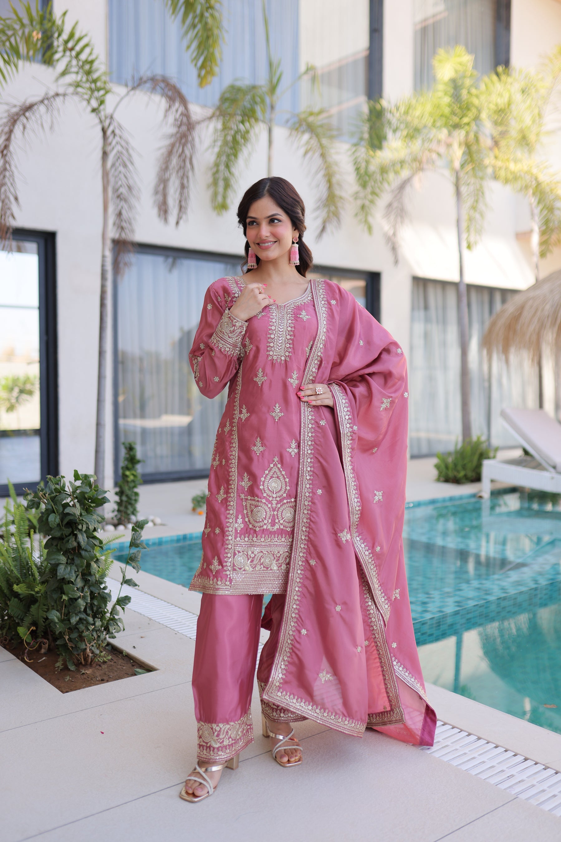 Lorenvalley Fashion Pink Ho Silk With Zari Multi & Thread Embroidered Work Kurta Pant With Dupatta | Grocsy