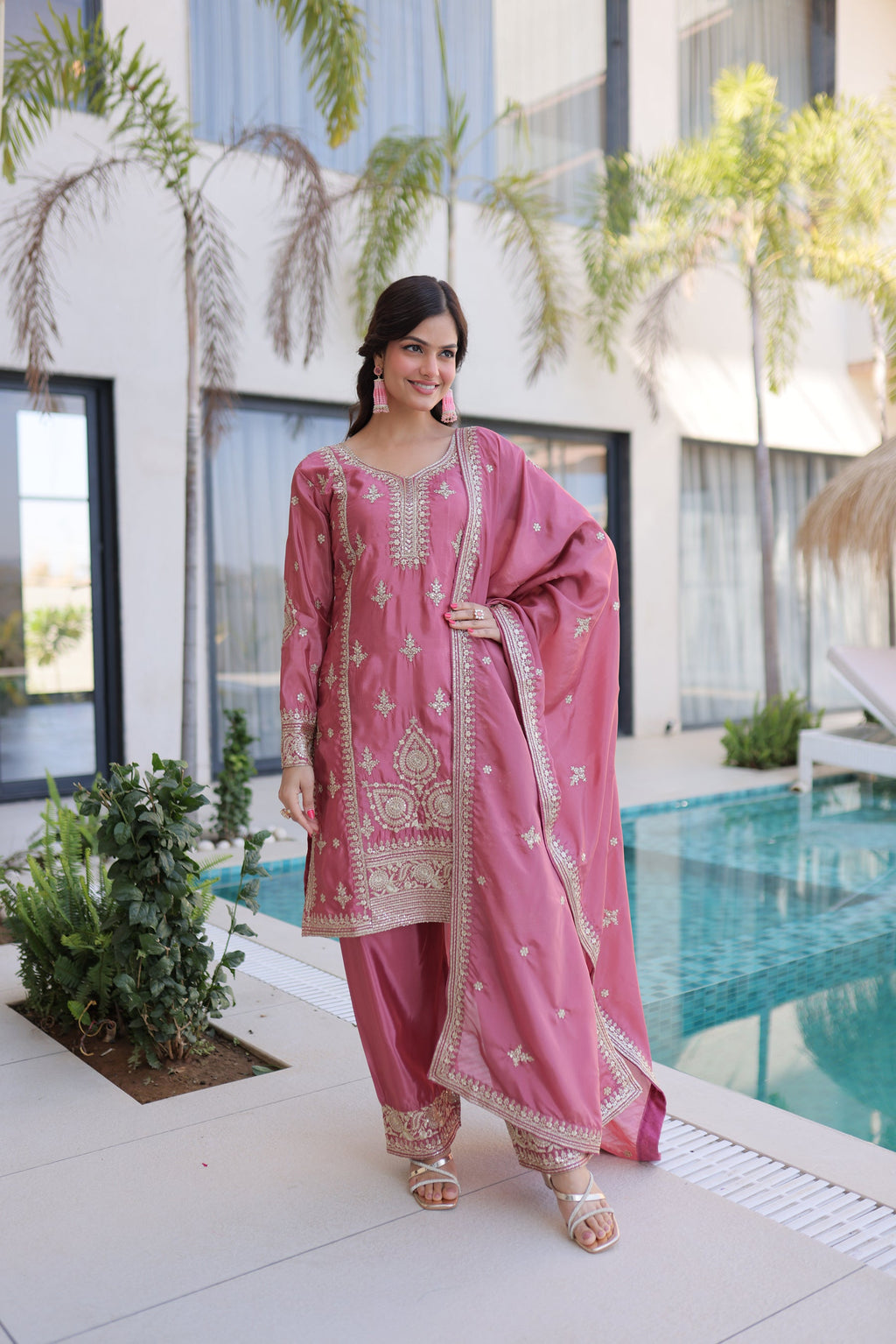 Lorenvalley Fashion Pink Ho Silk With Zari Multi & Thread Embroidered Work Kurta Pant With Dupatta | Grocsy