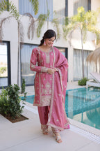 Lorenvalley Fashion Pink Ho Silk With Zari Multi & Thread Embroidered Work Kurta Pant With Dupatta | Grocsy