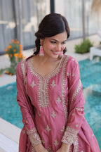 Lorenvalley Fashion Pink Ho Silk With Zari Multi & Thread Embroidered Work Kurta Pant With Dupatta | Grocsy