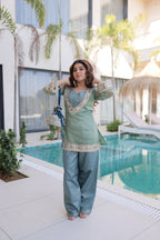 Lorenvalley Fashion Sky Blue Salasa Fabric with Mirror & Lace work Kurta with Pant | Grocsy