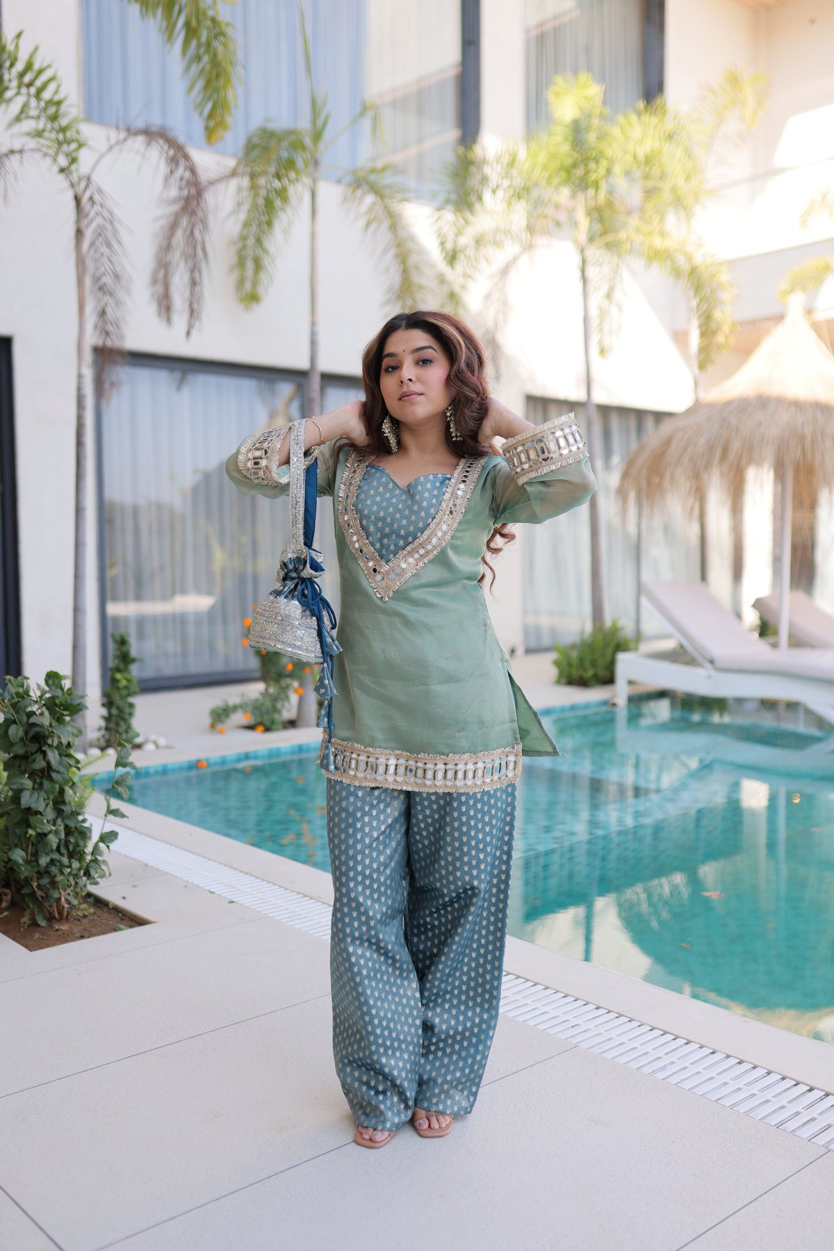 Lorenvalley Fashion Sky Blue Salasa Fabric with Mirror & Lace work Kurta with Pant | Grocsy