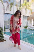 Lorenvalley Fashion Maroon Viscose with Sequins & Coding Zari Embroidered work Kurta Pant with Batwa | Grocsy