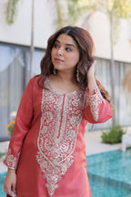 Lorenvalley Fashion Maroon Viscose with Sequins & Coding Zari Embroidered work Kurta Pant with Batwa | Grocsy