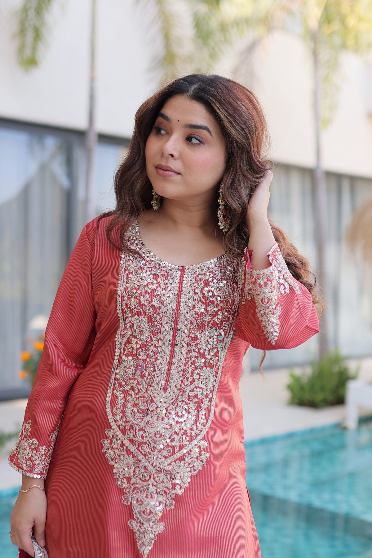 Lorenvalley Fashion Maroon Viscose with Sequins & Coding Zari Embroidered work Kurta Pant with Batwa | Grocsy