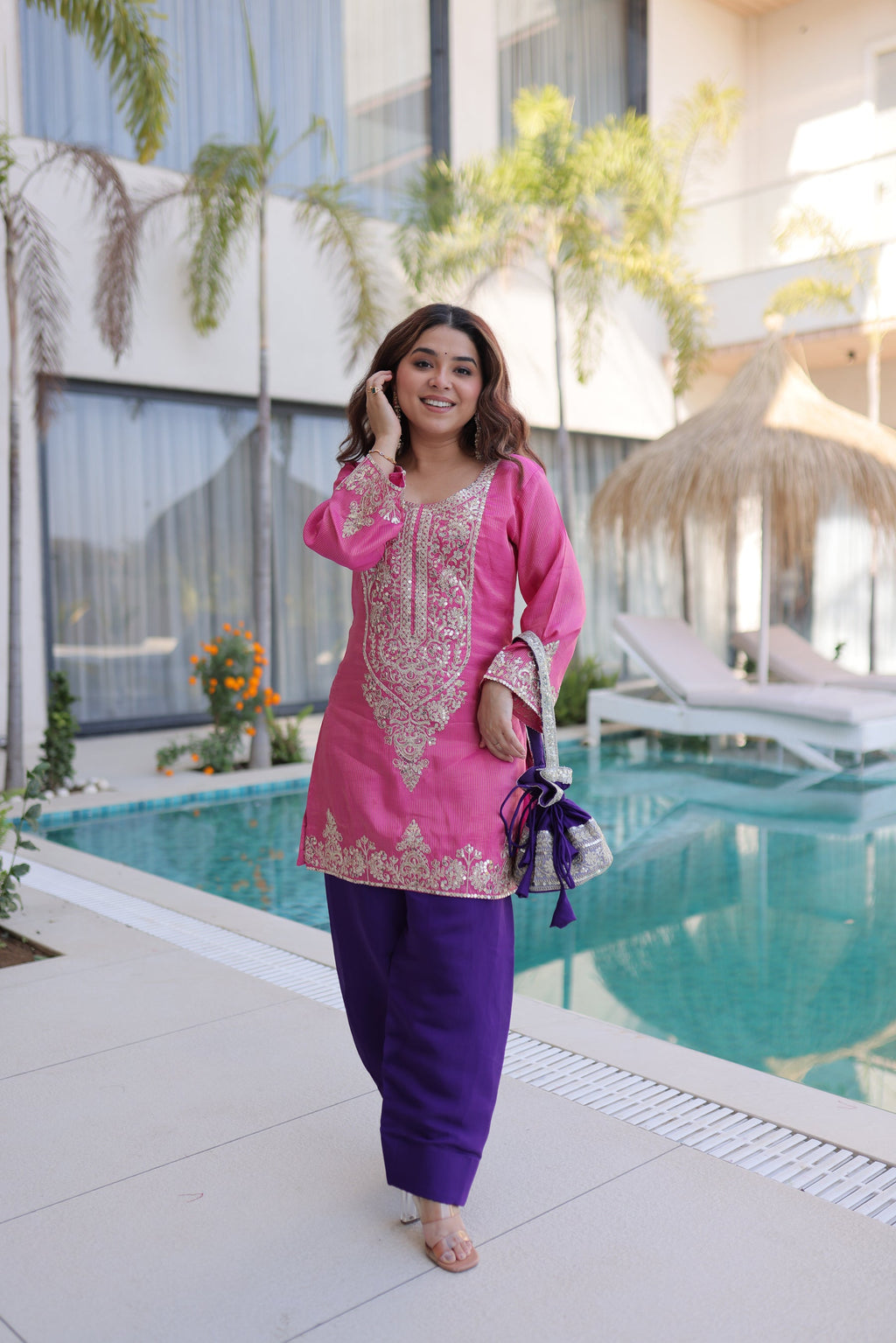 Lorenvalley Fashion Pink Viscose with Sequins & Coding Zari Embroidered work Kurta Pant with Batwa | Grocsy