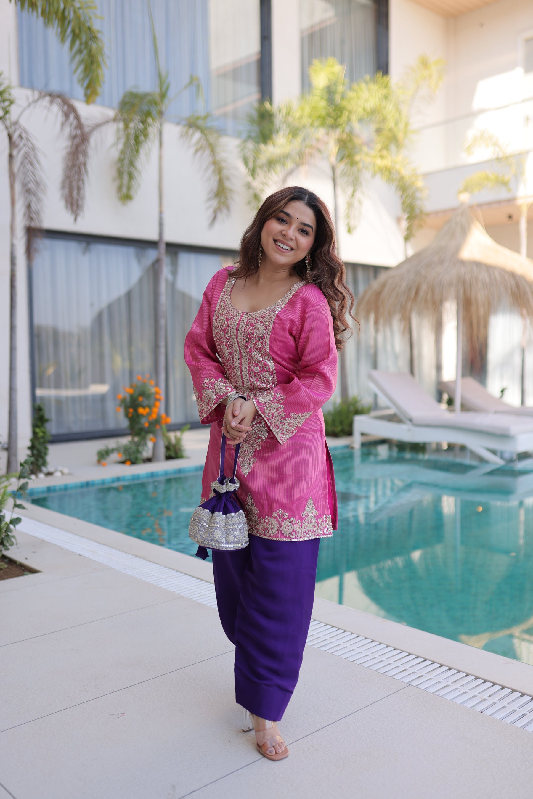 Lorenvalley Fashion Pink Viscose with Sequins & Coding Zari Embroidered work Kurta Pant with Batwa | Grocsy