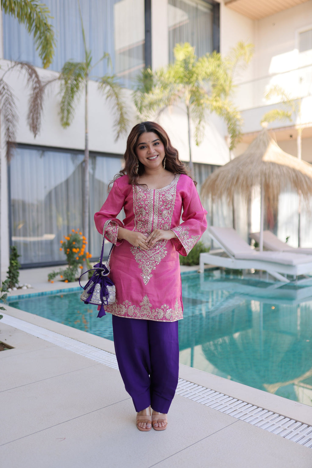 Lorenvalley Fashion Pink Viscose with Sequins & Coding Zari Embroidered work Kurta Pant with Batwa | Grocsy